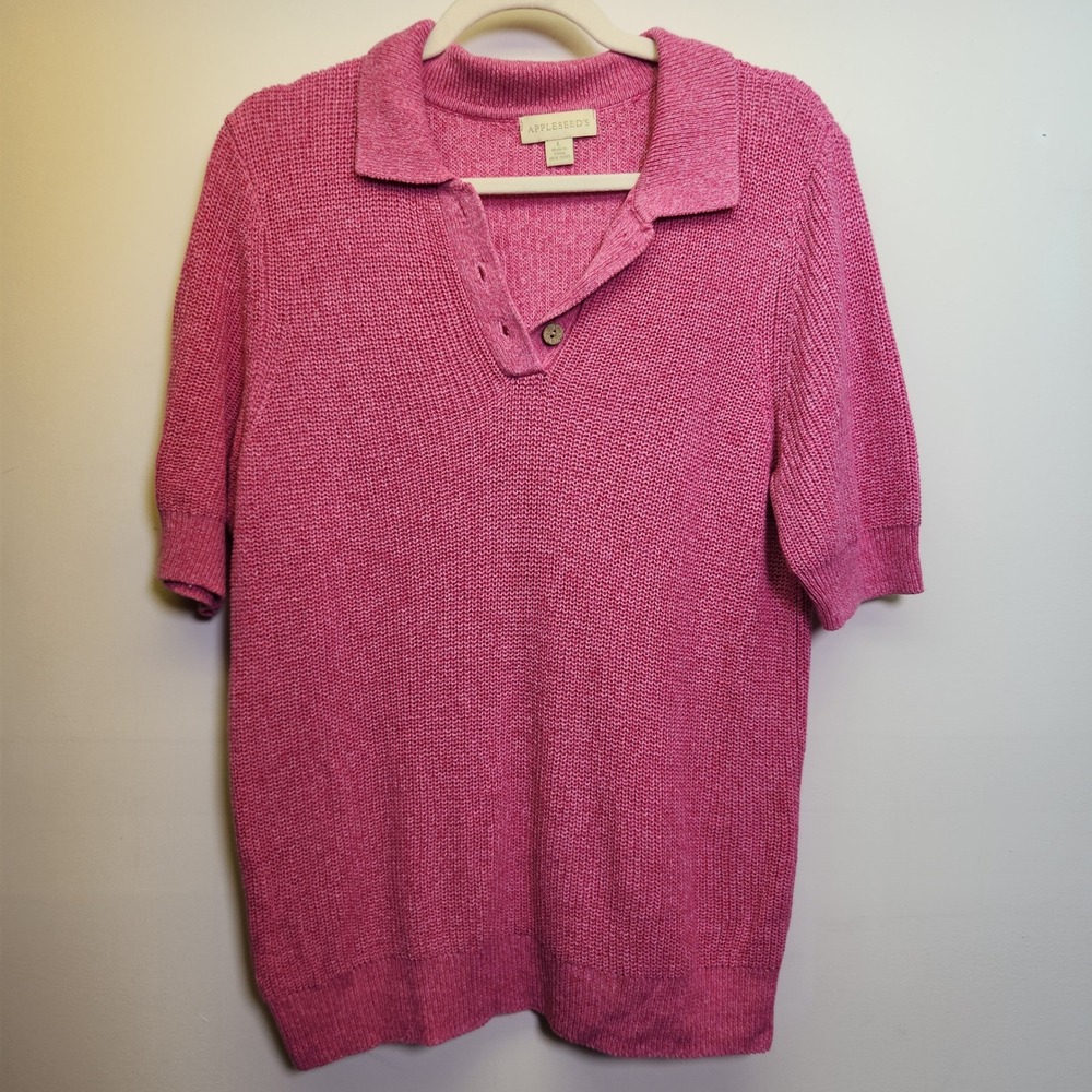 Appleseed's Linen Cotton Polo Sweater Lrg Pink Short Sleeves Collar V-Neck
